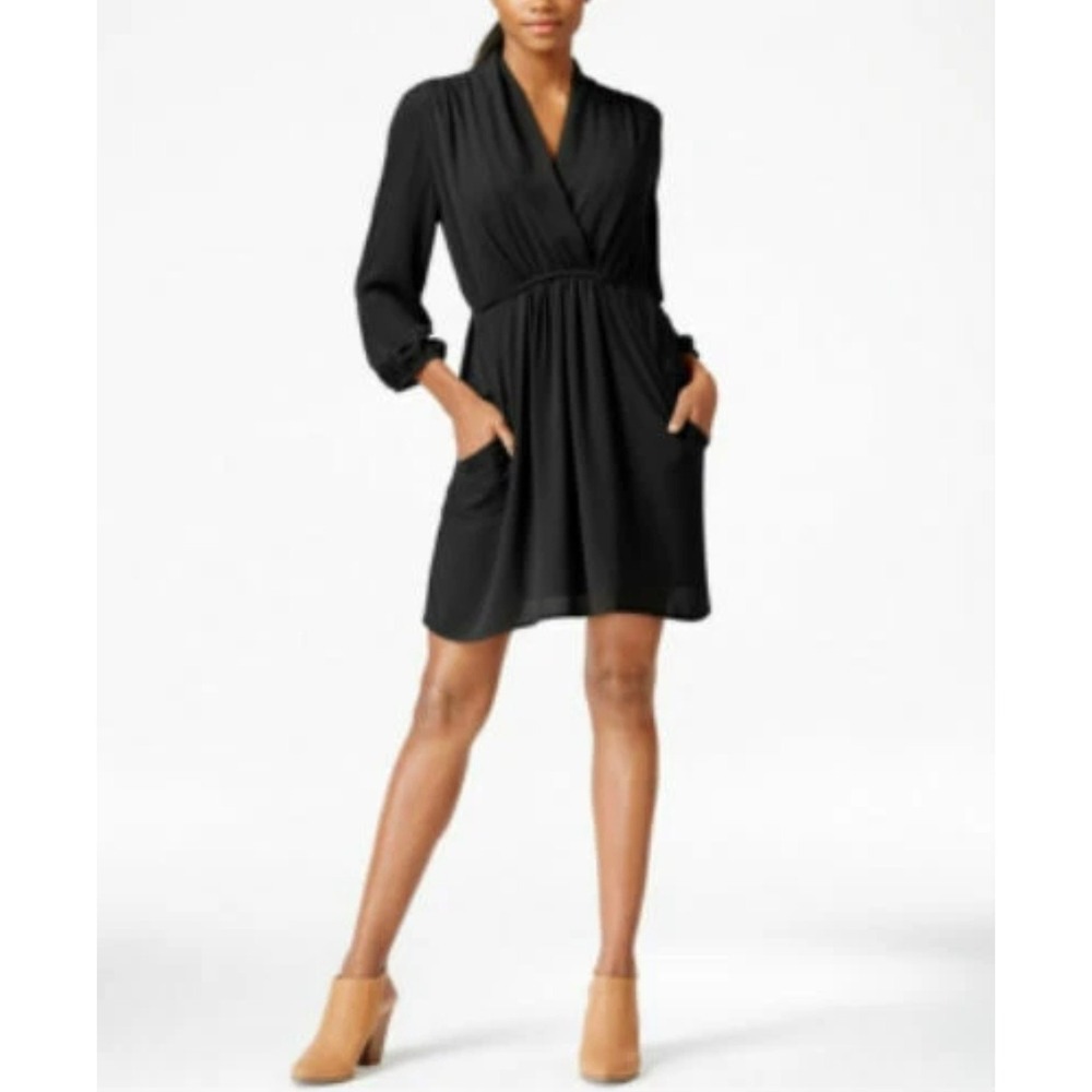 Bar III Womens Black Surplice V-Neck Long Sleeve Mini Dress XL Pockets Tie Back